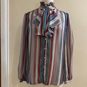 American Vintage Multicolor Striped Ruffle Tie-Neck Blouse